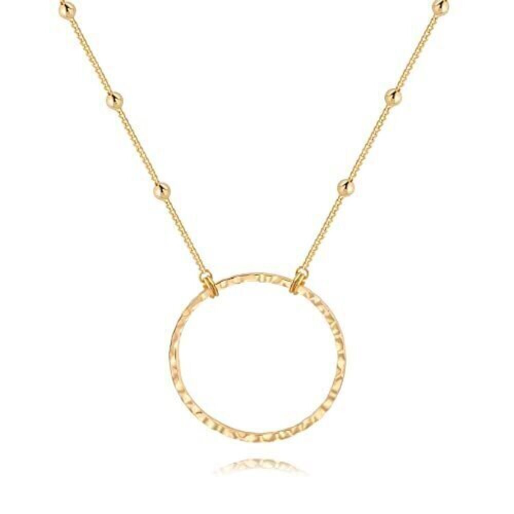 4551 18K Gold Circle Pendant Ncklace Dainty Long Satellite Bead Chain